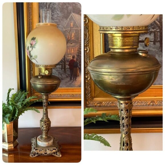 Antique Ornate Brass Parlor Oil Lamp W/ Cherubs Alabaster Base Hand Painted Glas - Picture 4 of 10